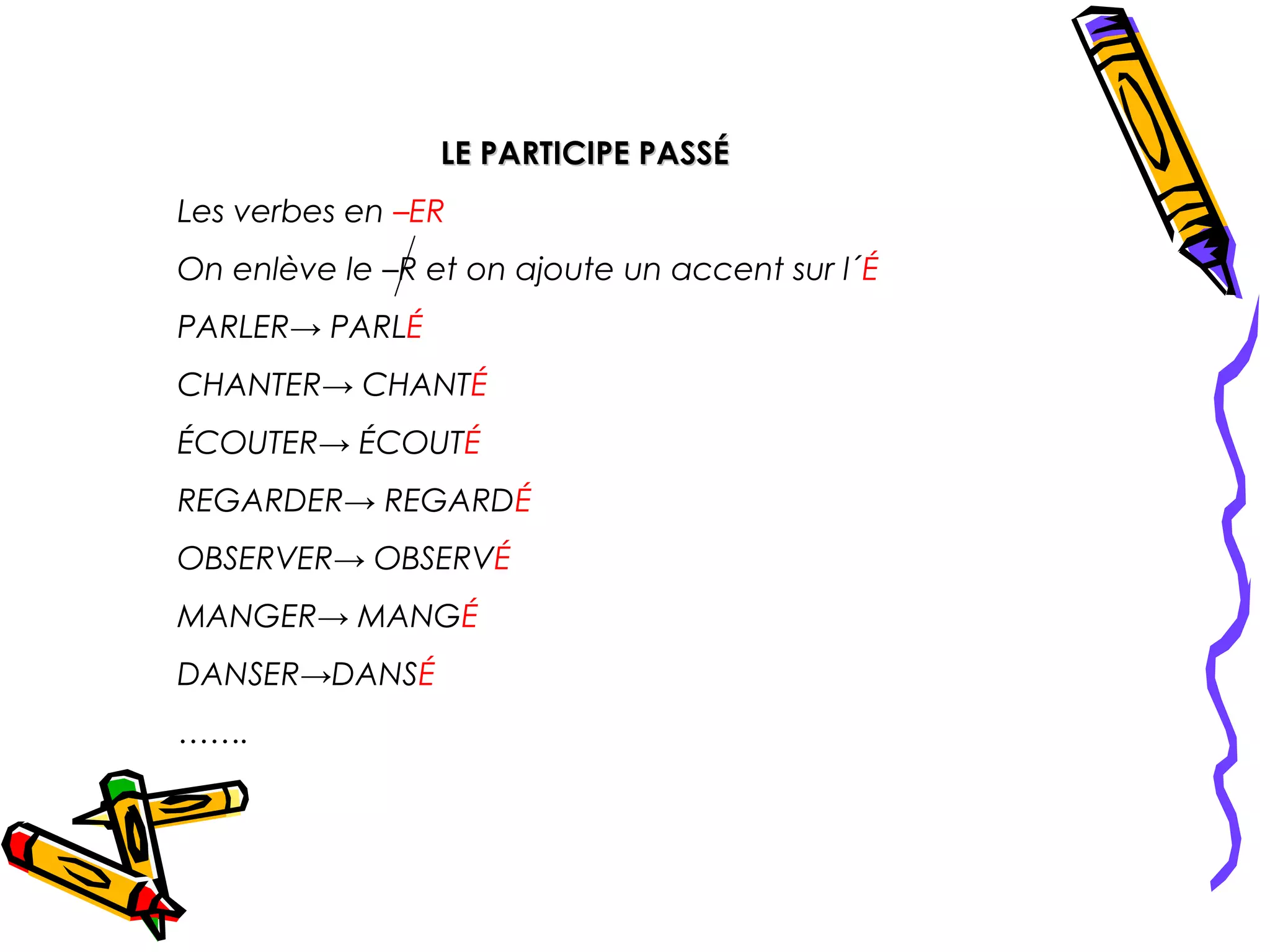 LE PARTICIPE PASSÉ
Les verbes en –ER
On enlève le –R et on ajoute un accent sur l´É
PARLER→ PARLÉ
CHANTER→ CHANTÉ
ÉCOUTER→ ÉCOUTÉ
REGARDER→ REGARDÉ
OBSERVER→ OBSERVÉ
MANGER→ MANGÉ
DANSER→DANSÉ
…….
 