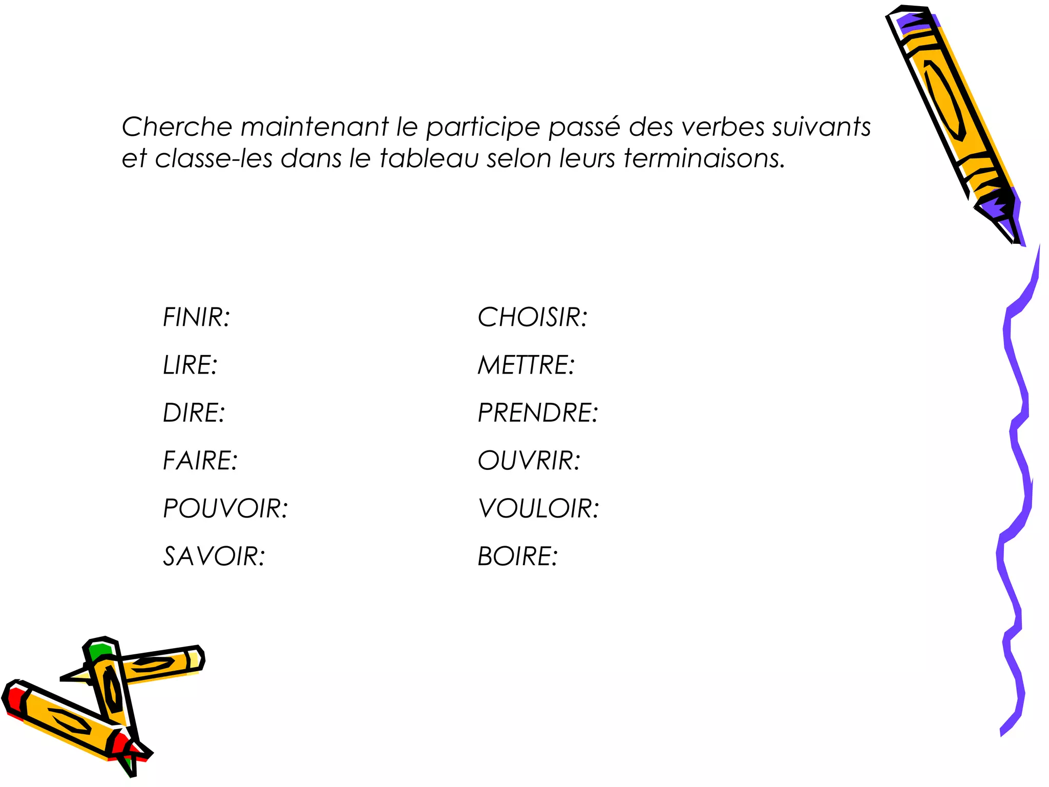 Cherche maintenant le participe passé des verbes suivants
et classe-les dans le tableau selon leurs terminaisons.




   FINIR:                  CHOISIR:
   LIRE:                   METTRE:
   DIRE:                   PRENDRE:
   FAIRE:                  OUVRIR:
   POUVOIR:                VOULOIR:
   SAVOIR:                 BOIRE:
 