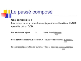 Le passé composé
Cas particuliers 1
Les verbes de mouvement se conjuguent avec l’auxiliaire AVOIR
quand ils ont un COD:
Elle est montée à pied. ≠ Elle a monté l’escalier.
COD
Nous sommes descendus de l’avion. ≠ Nous avons descendu la poubelle.
COD
Ils sont passés par l’office de tourisme. ≠ Ils ont passé de bonnes vacances.
COD
 