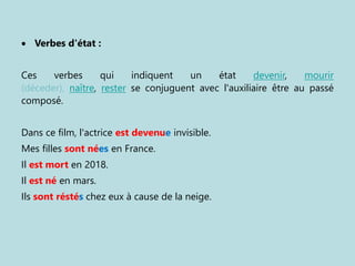 • Verbes d'état :
Ces verbes qui indiquent un état devenir, mourir
(déceder), naître, rester se conjuguent avec l'auxiliaire être au passé
composé.
Dans ce film, l'actrice est devenue invisible.
Mes filles sont nées en France.
Il est mort en 2018.
Il est né en mars.
Ils sont réstés chez eux à cause de la neige.
 