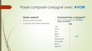 Passé composé conjugué avec AVOIR
Quels verbes?
 Tous les verbes transitifs
 La plupart des verbes intransitifs.
Comment les conjuguer?
 Sujet + Avoir (présent)+ Participe
passé invariable
Finir
J’ai
Tu as
Il a
Elle a
On a fini
Nous avons
Vous avez
Ils ont
Elles ont
 