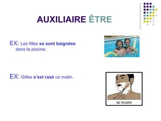AUXILIAIRE ÊTRE
EX: Les filles se sont baignées
dans la piscine.

EX: Gilles s’est rasé ce matin.

 