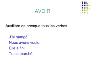 AVOIR
Auxiliare de presque tous les verbes
J’ai mangé.
Nous avons voulu.
Elle a fini.
Tu as marché.

 