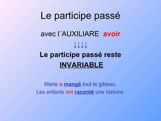 Le participe passé
avec l´AUXILIARE avoir
↓↓↓↓
Le participe passé reste
INVARIABLE
Marie a mangé tout le gâteau.
Les enfants ont raconté une histoire.
 