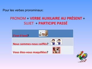 Pour les verbes pronominaux: PRONOM  +  VERBE AUXILAIRE AU PRÉSENT  +  SUJET   +  PARTICIPE PASSÉ S’est-il lavé ? Nous sommes-nous coiffés ? Vous êtes-vous maquillées ? 