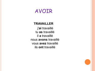 AVOIR 
TRAVAILLER 
j'ai travaillé 
tu as travaillé 
il a travaillé 
nous avons travaillé 
vous avez travaillé 
ils ont travaillé 
 