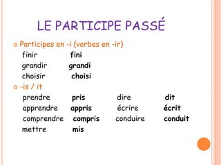 LE PARTICIPE PASSÉ 
 Participes en -i (verbes en -ir) 
finir fini 
grandir grandi 
choisir choisi 
 -is / it 
prendre pris dire dit 
apprendre appris écrire écrit 
comprendre compris conduire conduit 
mettre mis 
 