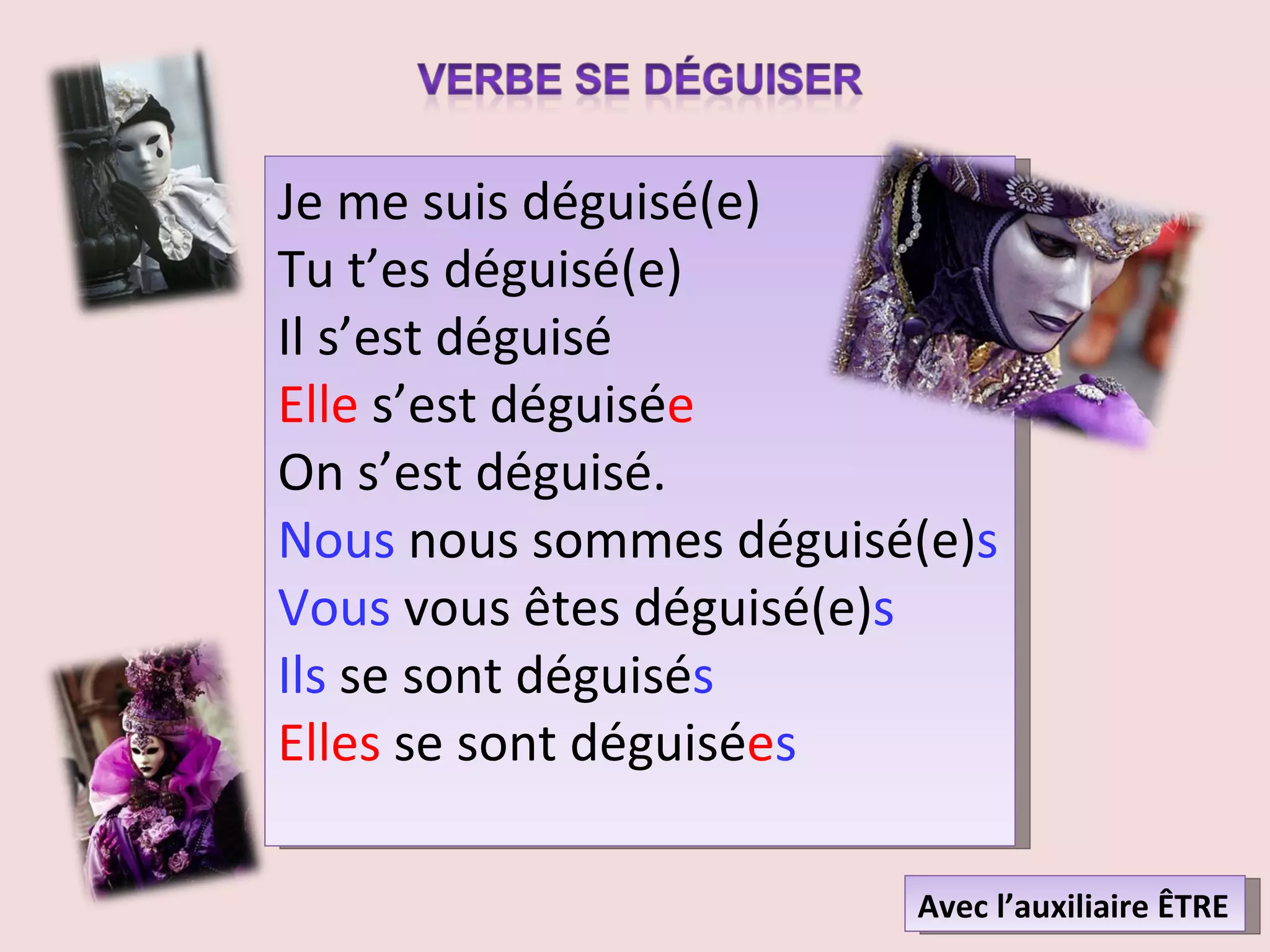 Je me suis déguisé(e) Tu t’es déguisé(e) Il s’est déguisé Elle  s’est déguisé e On s’est déguisé. Nous  nous sommes déguisé(e) s Vous  vous êtes déguisé(e) s Ils  se sont déguisé s Elles  se sont déguisé e s Avec l’auxiliaire ÊTRE 