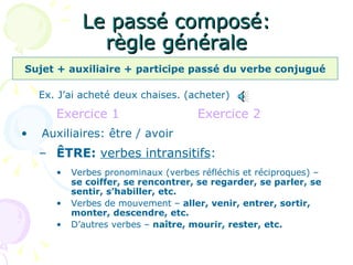 Le passé composé: règle générale Ex. J’ai acheté deux chaises. (acheter)   Exercice 1 Exercice 2 Auxiliaires: être / avoir ÊTRE:   verbes intransitifs : Verbes pronominaux (verbes réfléchis et réciproques) –  se coiffer, se rencontrer, se regarder, se parler, se sentir, s’habiller, etc.   Verbes de mouvement –  aller, venir, entrer, sortir, monter, descendre, etc. D’autres verbes –  naître, mourir, rester, etc. Sujet + auxiliaire + participe passé du verbe conjugué 