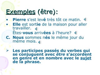 Exemples  (être): Pierre  s’est lev é  très tôt ce matin. Elle  est sort ie  de la maison pour aller travailler. Êtes- vous  arriv ées  à l’heure? C. Nous  sommes n és  le même jour du même mois. Les participes passés du verbes qui se conjuguent avec  être  s’accordent en genre et en nombre avec le  sujet  de la phrase. 