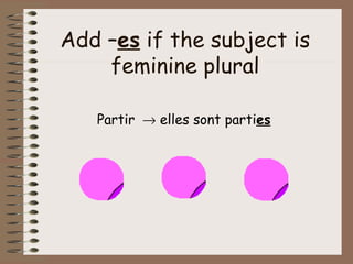 Add –es if the subject is
    feminine plural

   Partir → elles sont parties
 