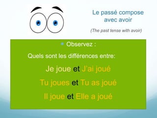 Le passé compose
avec avoir
(The past tense with avoir)
 Observez :
Quels sont les différences entre:
Je joue et J’ai joué
Tu joues et Tu as joué
Il joue et Elle a joué
 