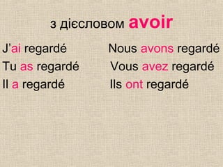 з дієсловом avoir
J’ai regardé Nous avons regardé
Tu as regardé Vous avez regardé
Il a regardé Ils ont regardé
 