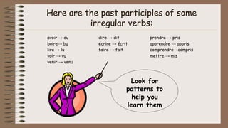 Here are the past participles of some
irregular verbs:
avoir → eu dire → dit prendre → pris
boire→ bu écrire → écrit apprendre → appris
lire → lu faire → fait comprendre→compris
voir → vu mettre → mis
venir → venu
Look for
patterns to
help you
learn them
 