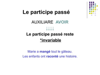 AUXILIAIRE ÊTRE / AVOIR
6 verbes “spéciaux”6 verbes “spéciaux”
monter / descendre / sortir / rentrer / retourner /
passer
 