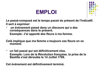 FORMATION
PASSÉ COMPOSÉ
=
AUXILIARE + PARTICIPE PASSÉ
 
