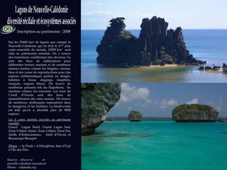 Sources :  ifrecor.nc  et  nouvelle-caledonie-tourisme.fr Photos : wikipedia.org  Inscription au patrimoine : 2008 Sur les 23400 km 2  de lagons que compte la Nouvelle-Calédonie qui en font le 2 ème  plus vaste ensemble du monde, 15000 km 2   sont cités au patrimoine mondial. On y trouve des formations coralliennes très diverses. Ce sont des lieux de nidifications pour différentes tortues marines et de nombreux oiseaux marins comme les frégates, sternes, fous et des zones de reproductions pour des espèces emblématiques parfois en danger, baleines à bosse, dugongs, dauphins, rorquals, requins blancs. On trouve de nombreux poissons tels les Napoléons,  les murènes rubans, les rascasses. Les eaux de l’Atoll d’Ouvéa sont des lieux de rassemblement des raies mantas. On trouve de nombreux mollusques notamment dans la mangrove et les herbiers. La biodiversité est telle qu’on a identifié plus de 9000 espèces. Les 6 zones marines inscrites au patrimoine mondial   :  Grand  Lagon Nord, Grand Lagon Sud, Zone Côtière Ouest, Zone Côtière Nord Est, Atolls d’Entrecasteaux,  Atoll d’Ouvéa et Beautemps-Beaupré Photos  : «  la Poule » à Hienghène, baie d’Upi à l’Ile des Pins 