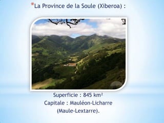 *La Province de la Soule (Xiberoa) :




        Superficie : 845 km²
     Capitale : Mauléon-Licharre
          (Maule-Lextarre).
 