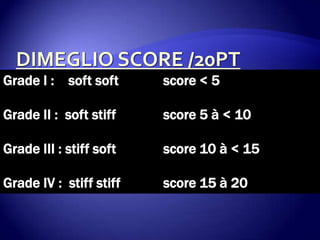 Grade I : soft soft score < 5
Grade II : soft stiff score 5 à < 10
Grade III : stiff soft score 10 à < 15
Grade IV : stiff stiff score 15 à 20
 