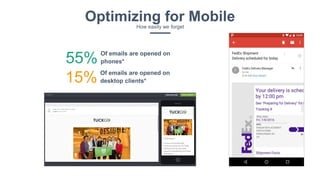 Optimizing for MobileHow easily we forget
55% Of emails are opened on
phones*
15% Of emails are opened on
desktop clients*
 