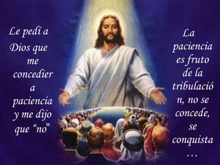 Le pedí a Dios que me concediera paciencia y me dijo que “no ” La paciencia es fruto de la tribulación, no se concede, se conquista… 