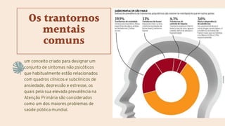 um conceito criado para designar um
conjunto de sintomas não psicóticos
que habitualmente estão relacionados
com quadros clínicos e subclínicos de
ansiedade, depressão e estresse, os
quais pela sua elevada prevalência na
Atenção Primária são considerados
como um dos maiores problemas de
saúde pública mundial.
Os trantornos
mentais
comuns
 