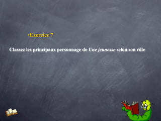 •Exercice 7

Classez les principaux personnage de Une jeunesse selon son rôle
 