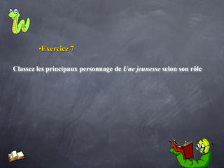 •Exercice 7

Classez les principaux personnage de Une jeunesse selon son rôle
 