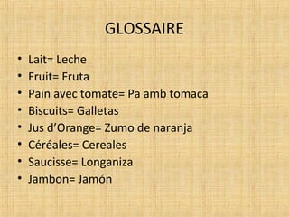 GLOSSAIRE
• Lait= Leche
• Fruit= Fruta
• Pain avec tomate= Pa amb tomaca
• Biscuits= Galletas
• Jus d’Orange= Zumo de naranja
• Céréales= Cereales
• Saucisse= Longaniza
• Jambon= Jamón
 