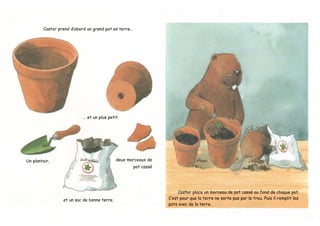 Castor prend d’abord un grand pot en terre…
Un plantoir,
et un sac de bonne terre.
… et un plus petit.
deux morceaux de
pot cassé
Castor place un morceau de pot cassé au fond de chaque pot.
C’est pour que la terre ne sorte pas par le trou. Puis il remplit les
pots avec de la terre.
 