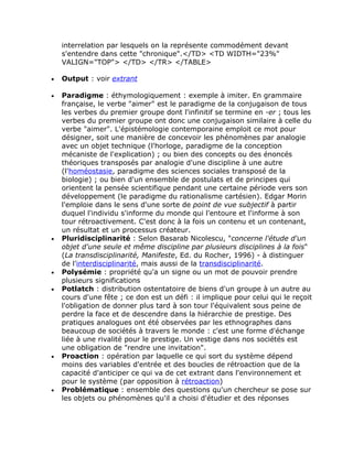 interrelation par lesquels on la représente commodément devant
    s'entendre dans cette "chronique".</TD> <TD WIDTH="23%"
    VALIGN="TOP"> </TD> </TR> </TABLE>

•   Output : voir extrant

•   Paradigme : éthymologiquement : exemple à imiter. En grammaire
    française, le verbe "aimer" est le paradigme de la conjugaison de tous
    les verbes du premier groupe dont l'infinitif se termine en -er ; tous les
    verbes du premier groupe ont donc une conjugaison similaire à celle du
    verbe "aimer". L'épistémologie contemporaine emploit ce mot pour
    désigner, soit une manière de concevoir les phénomènes par analogie
    avec un objet technique (l'horloge, paradigme de la conception
    mécaniste de l'explication) ; ou bien des concepts ou des énoncés
    théoriques transposés par analogie d'une discipline à une autre
    (l'homéostasie, paradigme des sciences sociales transposé de la
    biologie) ; ou bien d'un ensemble de postulats et de principes qui
    orientent la pensée scientifique pendant une certaine période vers son
    développement (le paradigme du rationalisme cartésien). Edgar Morin
    l'emploie dans le sens d'une sorte de point de vue subjectif à partir
    duquel l'individu s'informe du monde qui l'entoure et l'informe à son
    tour rétroactivement. C'est donc à la fois un contenu et un contenant,
    un résultat et un processus créateur.
•   Pluridisciplinarité : Selon Basarab Nicolescu, "concerne l'étude d'un
    objet d'une seule et même discipline par plusieurs disciplines à la fois"
    (La transdisciplinarité, Manifeste, Ed. du Rocher, 1996) - à distinguer
    de l'interdisciplinarité, mais aussi de la transdisciplinarité.
•   Polysémie : propriété qu'a un signe ou un mot de pouvoir prendre
    plusieurs significations
•   Potlatch : distribution ostentatoire de biens d'un groupe à un autre au
    cours d'une fête ; ce don est un défi : il implique pour celui qui le reçoit
    l'obligation de donner plus tard à son tour l'équivalent sous peine de
    perdre la face et de descendre dans la hiérarchie de prestige. Des
    pratiques analogues ont été observées par les ethnographes dans
    beaucoup de sociétés à travers le monde : c'est une forme d'échange
    liée à une rivalité pour le prestige. Un vestige dans nos sociétés est
    une obligation de "rendre une invitation".
•   Proaction : opération par laquelle ce qui sort du système dépend
    moins des variables d'entrée et des boucles de rétroaction que de la
    capacité d'anticiper ce qui va de cet extrant dans l'environnement et
    pour le système (par opposition à rétroaction)
•   Problématique : ensemble des questions qu'un chercheur se pose sur
    les objets ou phénomènes qu'il a choisi d'étudier et des réponses
 