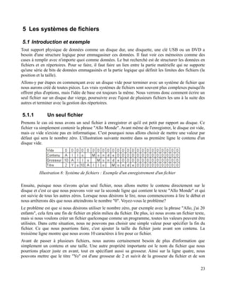 5 Les systèmes de fichiers
5.1 Introduction et exemple
Tout support physique de données comme un disque dur, une disquette, une clé USB ou un DVD a
besoin d'une structure logique pour emmagasiner ces données. Il faut voir ces mémoires comme des
cases à remplir avec n'importe quoi comme données. Le but recherché est de structurer les données en
fichiers et en répertoires. Pour se faire, il faut faire un lien entre la partie matérielle qui ne supporte
qu'une série de bits de données emmagasinés et la partie logique qui définit les limites des fichiers (la
position et la taille).
Allons-y par étapes en commençant avec un disque vide pour terminer avec un système de fichier que
nous aurons créé de toutes pièces. Les vrais systèmes de fichiers sont souvent plus complexes puisqu'ils
offrent plus d'options, mais l'idée de base est toujours la même. Nous verrons donc comment écrire un
seul fichier sur un disque dur vierge, poursuivre avec l'ajout de plusieurs fichiers les uns à la suite des
autres et terminer avec la gestion des répertoires.
5.1.1 Un seul fichier
Prenons le cas où nous avons un seul fichier à enregistrer et qu'il est petit par rapport au disque. Ce
fichier va simplement contenir la phrase "Allo Monde". Avant même de l'enregistrer, le disque est vide,
mais ce vide n'existe pas en informatique. C'est pourquoi nous allons choisir de mettre une valeur par
défaut qui sera le nombre zéro. L'illustration suivante montre dans sa première ligne le contenu d'un
disque vide.
Ensuite, puisque nous n'avons qu'un seul fichier, nous allons mettre le contenu directement sur le
disque et c'est ce que nous pouvons voir sur la seconde ligne qui contient le texte "Allo Monde" et qui
est suivie de tous les autres zéros. Lorsque nous désirons le lire, nous commencerons à lire le début et
nous arrêterons dès que nous atteindrons le nombre "0". Voyez-vous le problème?
Le problème est que si nous désirons utiliser le nombre zéro, par exemple avec la phrase "Allo, j'ai 20
enfants", cela fera une fin de fichier en plein milieu du fichier. De plus, ici nous avons un fichier texte,
mais si nous voulons créer un fichier quelconque comme un programme, toutes les valeurs peuvent être
utilisées. Dans cette situation, nous ne pouvons pas choisir une simple valeur pour spécifier la fin du
fichier. Ce que nous pourrions faire, c'est ajouter la taille du fichier juste avant son contenu. La
troisième ligne montre que nous avons 10 caractères à lire pour ce fichier.
Avant de passer à plusieurs fichiers, nous aurons certainement besoin de plus d'information que
simplement un contenu et une taille. Une autre propriété importante est le nom du fichier que nous
pourrions placer juste en avant, tout en spécifiant aussi sa grosseur. Ainsi sur la ligne quatre, nous
pouvons mettre que le titre "Yo" est d'une grosseur de 2 et suivit de la grosseur du fichier et de son
23
Illustration 8: Système de fichiers : Exemple d'un enregistrement d'un fichier
 
