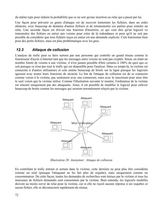 du même type pour réduire la probabilité que ce ne soit qu'une insertion ou relai qui a passé par lui.
Une façon pour prévenir ce genre d'attaque est de recevoir lentement les fichiers, dans un ordre
aléatoire, avec beaucoup de données d'autres fichiers et de retransmettre ces parties pour simuler un
relai. Une seconde façon est d'avoir une fonction d'insertion, ce qui veut dire qu'un logiciel va
transmettre des fichiers en entier aux voisins pour créer de la redondance et pour qu'il ne soit pas
possible de considérer que tous fichiers reçus en entier est une demande explicite. Cela fonctionne bien
pour des petits fichiers, mais est plus problématique avec les gros.
12.3 Attaque de collusion
L'analyse de trafic peut se faire surtout par une personne qui contrôle un grand réseau comme le
fournisseur d'accès à Internet tant que les messages entre voisins ne sont pas cryptés. Sinon, en étant un
nombre limité de voisins à une victime, il n'est jamais possible d'être certains à 100% de quoi que ce
soit puisque ce n'est pas tout le trafic qui est disponible pour l'analyse. Dans ce temps-là, la victime est
connectée à d'autres utilisateurs et cela amène beaucoup de bruits sur la ligne puisque les logiciels
agissent avec toutes leurs fonctions de sécurité. Le but de l'attaque de collusion est de se connecter
comme voisin à la victime, pas seulement avec une connexion, mais avec le maximum pour ainsi être
le seul voisin que la victime utilise. Comme l'illustration suivante le montre, l'ordinateur de la victime
est entouré uniquement par des attaquants. Ainsi, il est possible de modifier le logiciel pour enlever
beaucoup de bruits comme les messages qui seraient normalement relayés par la victime.
En contrôlant le trafic entrant et sortant dans la victime, cette dernière ne peut plus être considérée
comme un relai (puisque l'attaquant ne lui fait plus de requête), mais uniquement comme un
consommateur. De cette façon, toutes les demandes de recherches sont émises par la victime et tous les
morceaux de fichiers demandés sont consommés par la victime. Bien entendu, les logiciels modifiés
doivent au moins servir de relai pour la victime, car si elle ne reçoit aucune réponse à ses requêtes et
aucun fichier, elle se déconnectera rapidement du réseau.
72
Illustration 28: Anonymat : Attaque de collusion
 
