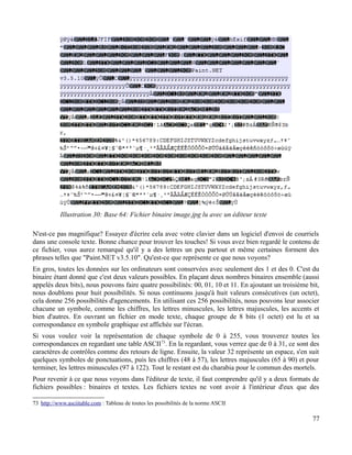N'est-ce pas magnifique? Essayez d'écrire cela avec votre clavier dans un logiciel d'envoi de courriels
dans une console texte. Bonne chance pour trouver les touches! Si vous avez bien regardé le contenu de
ce fichier, vous aurez remarqué qu'il y a des lettres un peu partout et même certaines forment des
phrases telles que "Paint.NET v3.5.10". Qu'est-ce que représente ce que nous voyons?
En gros, toutes les données sur les ordinateurs sont conservées avec seulement des 1 et des 0. C'est du
binaire étant donné que c'est deux valeurs possibles. En plaçant deux nombres binaires ensemble (aussi
appelés deux bits), nous pouvons faire quatre possibilités: 00, 01, 10 et 11. En ajoutant un troisième bit,
nous doublons pour huit possibilités. Si nous continuons jusqu'à huit valeurs consécutives (un octet),
cela donne 256 possibilités d'agencements. En utilisant ces 256 possibilités, nous pouvons leur associer
chacune un symbole, comme les chiffres, les lettres minuscules, les lettres majuscules, les accents et
bien d'autres. En ouvrant un fichier en mode texte, chaque groupe de 8 bits (1 octet) est lu et sa
correspondance en symbole graphique est affichée sur l'écran.
Si vous voulez voir la représentation de chaque symbole de 0 à 255, vous trouverez toutes les
correspondances en regardant une table ASCII73
. En la regardant, vous verrez que de 0 à 31, ce sont des
caractères de contrôles comme des retours de ligne. Ensuite, la valeur 32 représente un espace, s'en suit
quelques symboles de ponctuations, puis les chiffres (48 à 57), les lettres majuscules (65 à 90) et pour
terminer, les lettres minuscules (97 à 122). Tout le restant est du charabia pour le commun des mortels.
Pour revenir à ce que nous voyons dans l'éditeur de texte, il faut comprendre qu'il y a deux formats de
fichiers possibles : binaires et textes. Les fichiers textes ne vont avoir à l'intérieur d'eux que des
73 http://www.asciitable.com : Tableau de toutes les possibilités de la norme ASCII
77
Illustration 30: Base 64: Fichier binaire image.jpg lu avec un éditeur texte
 