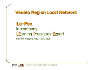 Veneto Region Local Network

Le-Pex
in-company
LEarning Processes Expert
LE                 Ex
Kick-off meeting, dec. 10th, 2008




         Le-Pex (in-company LEarning Processes EXpert)   1
 