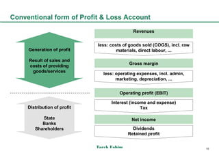 Conventional form of Profit & Loss Account
                                              Revenues


                              less: costs of goods sold (COGS), incl. raw
     Generation of profit              materials, direct labour, ...

     Result of sales and
                                            Gross margin
     costs of providing
      goods/services
                                less: operating expenses, incl. admin,
                                      marketing, depreciation, ...


                                        Operating profit (EBIT)

                                    Interest (income and expense)
     Distribution of profit                       Tax

           State                             Net income
           Banks
        Shareholders                          Dividends
                                            Retained profit

                              Tarek Fahim                                   10
 
