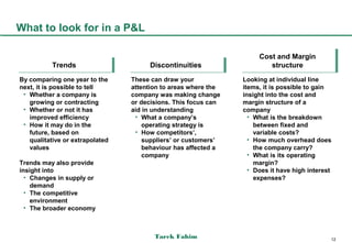 What to look for in a P&L

                                                                     Cost and Margin
                                                                     Cost and Margin
           Trends
            Trends                    Discontinuities
                                      Discontinuities                   structure
                                                                         structure
By comparing one year to the     These can draw your            Looking at individual line
next, it is possible to tell     attention to areas where the   items, it is possible to gain
 • Whether a company is          company was making change      insight into the cost and
   growing or contracting        or decisions. This focus can   margin structure of a
 • Whether or not it has         aid in understanding           company
   improved efficiency            • What a company’s              • What is the breakdown
 • How it may do in the              operating strategy is          between fixed and
   future, based on               • How competitors’,               variable costs?
   qualitative or extrapolated       suppliers’ or customers’     • How much overhead does
   values                            behaviour has affected a       the company carry?
                                     company                      • What is its operating
Trends may also provide                                             margin?
insight into                                                      • Does it have high interest
  • Changes in supply or                                            expenses?
    demand
  • The competitive
    environment
  • The broader economy



                                        Tarek Fahim                                          12
 