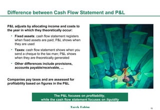 Difference between Cash Flow Statement and P&L

P&L adjusts by allocating income and costs to
the year in which they theoretically occur:
  • Fixed assets: cash flow statement registers
    when fixed assets are paid; P&L shows when
    they are used
  • Taxes: cash flow statement shows when you
    send a cheque to the tax man; P&L shows
    when they are theoretically generated
  • Other differences include provisions,
    accounts payable/receivable, ...


Companies pay taxes and are assessed for
profitability based on figures in the P&L


                             The P&L focuses on profitability,
                     while the cash flow statement focuses on liquidity

                                        Tarek Fahim                       16
 