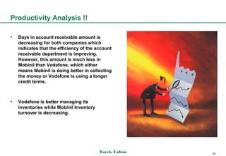 Productivity Analysis !!

•   Days in account receivable amount is
    decreasing for both companies which
    indicates that the efficiency of the account
    receivable department is improving.
    However, this amount is much less in
    Mobinil than Vodafone, which either
    means Mobinil is doing better in collecting
    the money or Vodafone is using a longer
    credit terms.



•   Vodafone is better managing its
    inventories while Mobinil Inventory
    turnover is decreasing.




                                          Tarek Fahim   50
 