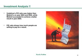 Investment Analysis !!

•   Vodafone’s P/E ratio was higher than
    Mobinil’s on year 2003 and 2004, while
    Mobinil succeeded to achieve a better
    result in year 2005.


•   P/E ratio shows how much people are
    willing to pay for a stock.




                                        Tarek Fahim   56
 