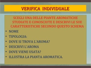 VERIFICA INDIVIDUALE
       SCEGLI UNA DELLE PIANTE AROMATICHE
      STUDIATE E CONOSCIUTE E DESCRIVI LE SUE
     CARATTERISTICHE SECONDO QUESTO SCHEMA
•   NOME
•   TIPOLOGIA:
•   DOVE SI TROVA L’AROMA?
•   DESCRIVI L’AROMA
•   DOVE VIENE USATA?
•   ILLUSTRA LA PIANTA AROMATICA.
 