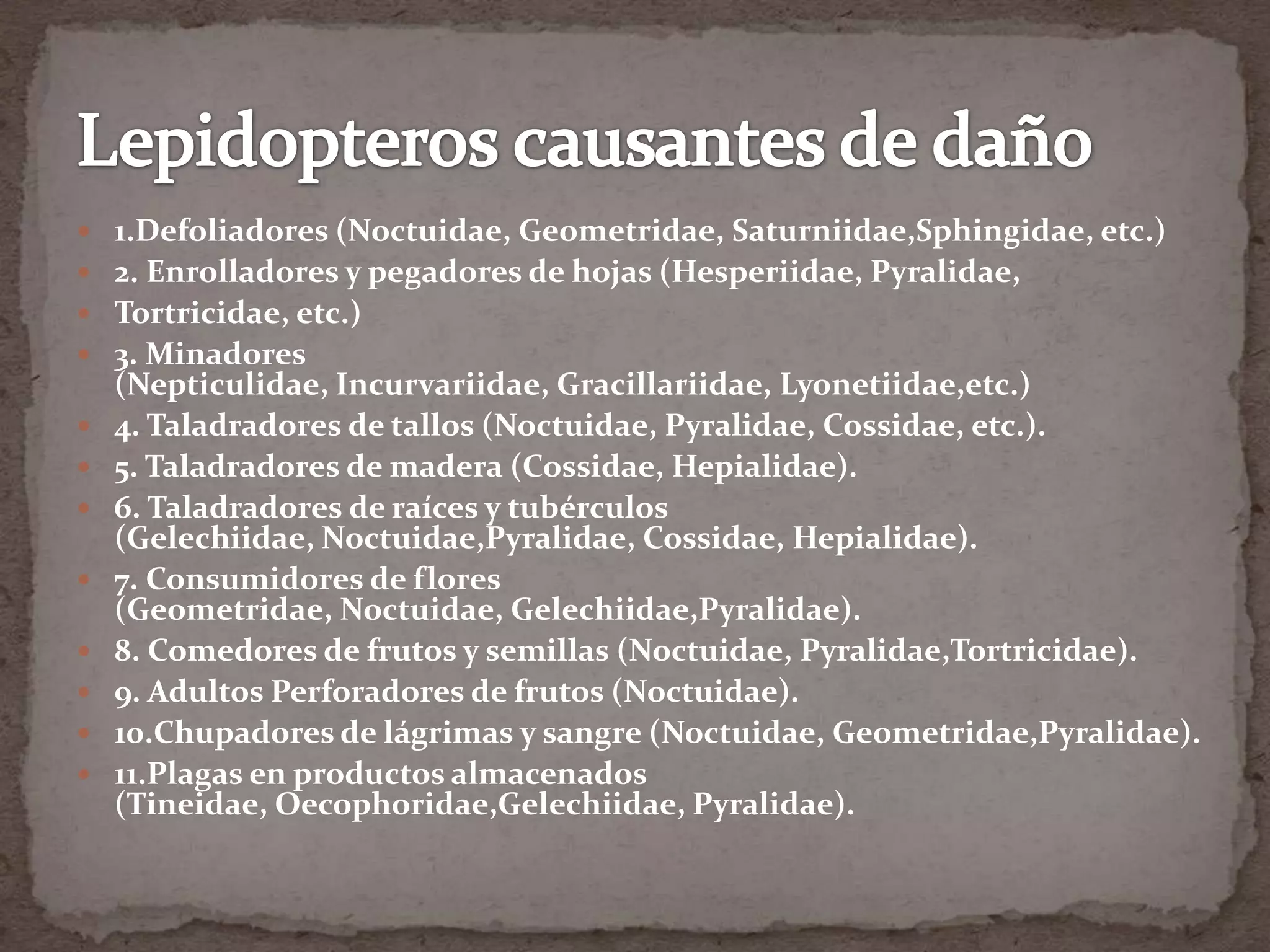  1.Defoliadores (Noctuidae, Geometridae, Saturniidae,Sphingidae, etc.)
 2. Enrolladores y pegadores de hojas (Hesperiidae, Pyralidae,
 Tortricidae, etc.)
 3. Minadores
    (Nepticulidae, Incurvariidae, Gracillariidae, Lyonetiidae,etc.)
   4. Taladradores de tallos (Noctuidae, Pyralidae, Cossidae, etc.).
   5. Taladradores de madera (Cossidae, Hepialidae).
   6. Taladradores de raíces y tubérculos
    (Gelechiidae, Noctuidae,Pyralidae, Cossidae, Hepialidae).
   7. Consumidores de flores
    (Geometridae, Noctuidae, Gelechiidae,Pyralidae).
   8. Comedores de frutos y semillas (Noctuidae, Pyralidae,Tortricidae).
   9. Adultos Perforadores de frutos (Noctuidae).
   10.Chupadores de lágrimas y sangre (Noctuidae, Geometridae,Pyralidae).
   11.Plagas en productos almacenados
    (Tineidae, Oecophoridae,Gelechiidae, Pyralidae).
 