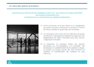 13
Le suivi des plans d’actions :
Il permet aux chefs de lot de dialoguer entre eux sur la base de risques identifiés
qui ...