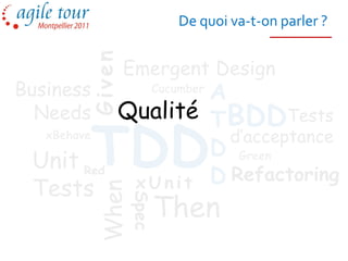 De quoi va-t-on parler ?




         Given
                 Emergent Design
Business               A
                       Cucumber

  Needs        Qualité TBDDTests
   xBehave

 Unit Red    TDDxUnit
                         d’acceptance
                       D Green
                       D Refactoring
 Tests
             When



                       Then
                    Spec
 