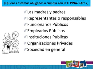 ¿Quienes estamos obligados a cumplir con la LEPINA?.(Art.7)
Las madres y padres
Representantes o responsables
Funcionarios Públicos
Empleados Públicos
Instituciones Publicas
Organizaciones Privadas
Sociedad en general
 