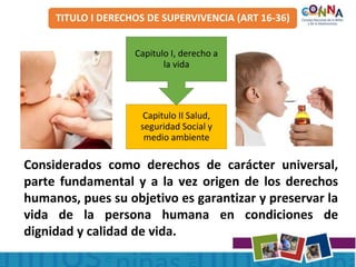 Considerados como derechos de carácter universal,
parte fundamental y a la vez origen de los derechos
humanos, pues su objetivo es garantizar y preservar la
vida de la persona humana en condiciones de
dignidad y calidad de vida.
TITULO I DERECHOS DE SUPERVIVENCIA (ART 16-36)
Capitulo II Salud,
seguridad Social y
medio ambiente
Capitulo I, derecho a
la vida
 