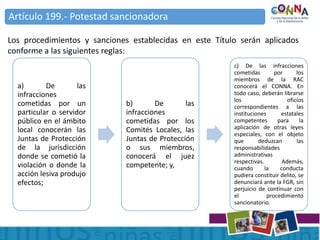 a) De las
infracciones
cometidas por un
particular o servidor
público en el ámbito
local conocerán las
Juntas de Protección
de la jurisdicción
donde se cometió la
violación o donde la
acción lesiva produjo
efectos;
b) De las
infracciones
cometidas por los
Comités Locales, las
Juntas de Protección
o sus miembros,
conocerá el juez
competente; y,
c) De las infracciones
cometidas por los
miembros de la RAC
conocerá el CONNA. En
todo caso, deberán librarse
los oficios
correspondientes a las
instituciones estatales
competentes para la
aplicación de otras leyes
especiales, con el objeto
que deduzcan las
responsabilidades
administrativas
respectivas. Además,
cuando la conducta
pudiera constituir delito, se
denunciará ante la FGR, sin
perjuicio de continuar con
el procedimiento
sancionatorio.
Artículo 199.- Potestad sancionadora
Los procedimientos y sanciones establecidas en este Título serán aplicados
conforme a las siguientes reglas:
 