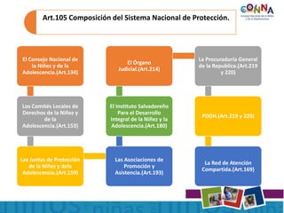 Art.105 Composición del Sistema Nacional de Protección.
El Consejo Nacional de
la Niñez y de la
Adolescencia.(Art.134)
Los Comités Locales de
Derechos de la Niñez y
de la
Adolescencia.(Art.153)
Las Juntas de Protección
de la Niñez y dela
Adolescencia.(Art.159)
Las Asociaciones de
Promoción y
Asistencia.(Art.193)
El Instituto Salvadoreño
Para el Desarrollo
Integral de la Niñez y la
Adolescencia.(Art.180)
El Órgano
Judicial.(Art.214)
La Procuraduría General
de la Republica.(Art.219
y 220)
PDDH.(Art.219 y 220)
La Red de Atención
Compartida.(Art.169)
 