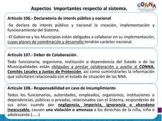 Aspectos Importantes respecto al sistema.
Artículo 106.- Declaratoria de interés público y nacional
-Se declara de interés público y nacional la creación, implementación y
funcionamiento del Sistema.
-El Gobierno y los Municipios están obligados a colaborar en su implementación,
cuyos planes de coordinación y desarrollo tendrán carácter nacional.
Artículo 107.- Deber de Colaboración .
Todo funcionario, organismo, institución o dependencia del Estado o de las
Municipalidades están obligados a prestar colaboración y auxilio al CONNA,
Comités Locales y Juntas de Protección, así como suministrarles la información
que solicitaren relacionada con el estado de situación de las NNA.
Artículo 108.- Responsabilidad en caso de incumplimiento
Todos los funcionarios, autoridades, empleados, organismos, instituciones o
dependencias, públicas o privadas, relacionados con el Sistema, responderán de
sus actos cuando por negligencia, impericia, ignorancia o abandono
inexcusable, causen una violación o amenaza a los derechos de la niña, niño o
adolescente.(……)
 