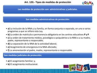 Art. 120.- Tipos de medidas de protección
Las medidas de protección son: administrativas y judiciales.
Son medidas administrativas de protección:
• a) La inclusión de la NNA y su familia, en forma conjunta o separada, en uno o varios
programas a que se refiere esta Ley.
• b) La orden de matrícula o permanencia obligatoria en los centros educativos P y P
• c) La orden de tratamiento médico, psicológico o psiquiátrico a la NNA o a su madre,
padre, representante o responsable;
• d) La separación de la NNA de la actividad laboral;
• e) Acogimiento de emergencia A la NNA afectado;
• f) La amonestación al padre, madre, representante o responsable.
Son medidas judiciales de protección:
• a) El acogimiento familiar; y,
• b) El acogimiento institucional.
 